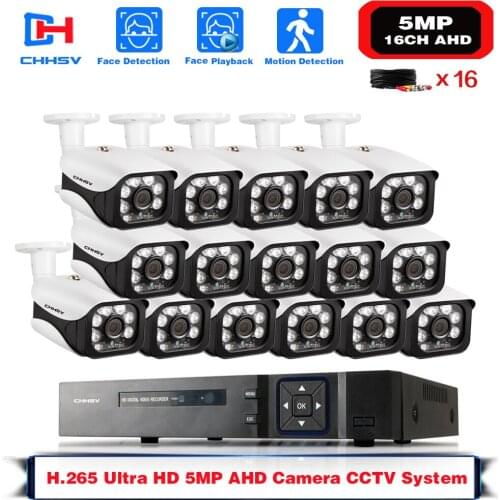 CHHSV H.265 16CH 2MP 5MP AHD NVR CCTV Security System Kits 16PCS IR Outdoor 5.0MP Security Camera P2P Video Surveillance Set