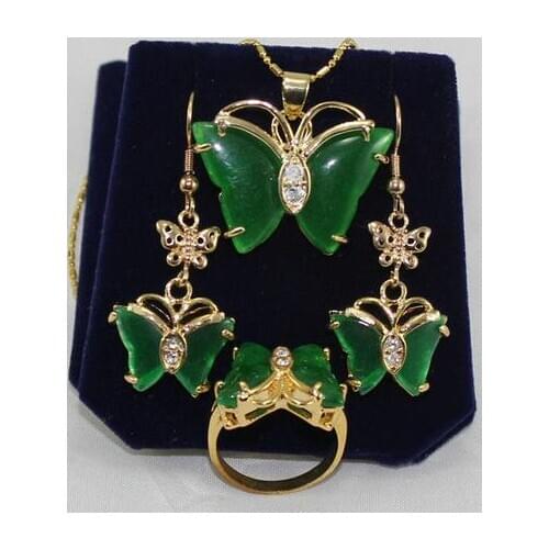 Beautiful green jades Butterfly earrings pendant ring size 7 8 9 10