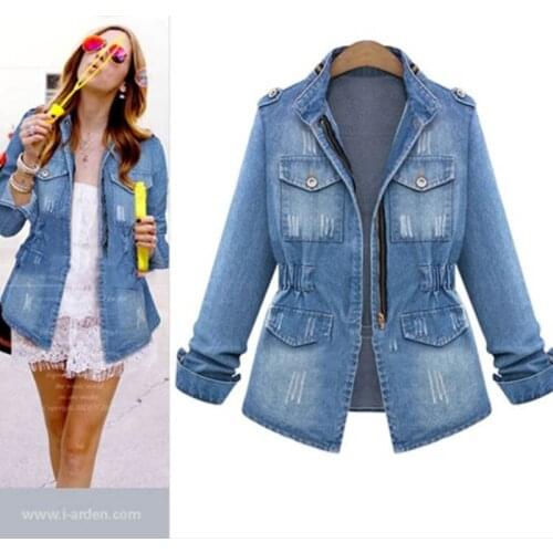 Ladies Denim Jackets Women Autumn Spring Turn Down Collar Hole Long Sleeve Denim Jacket Women Jeans Coat Outerwear Plus Size
