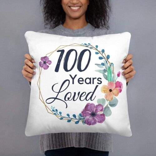 Square Canvas Pillowcase 16 Inch Soft Cushion Cover 100 Years Loved Since 1921, 100th Birthday Gifts for Women, 100 Year