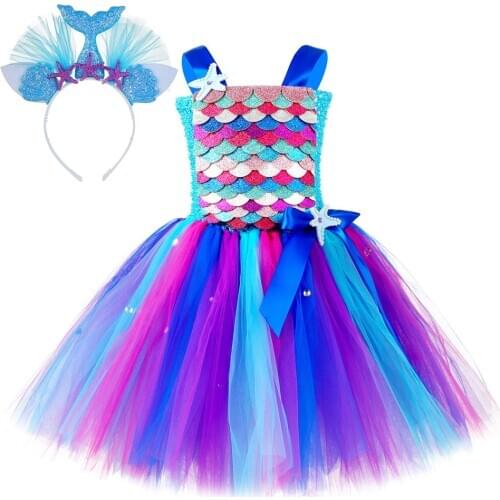 The Little Mermaid Tutu Dress for Girls Cosplay Costumes Kids Princess Birthday Dresses with Headband Baby Teenage Girl Clothes