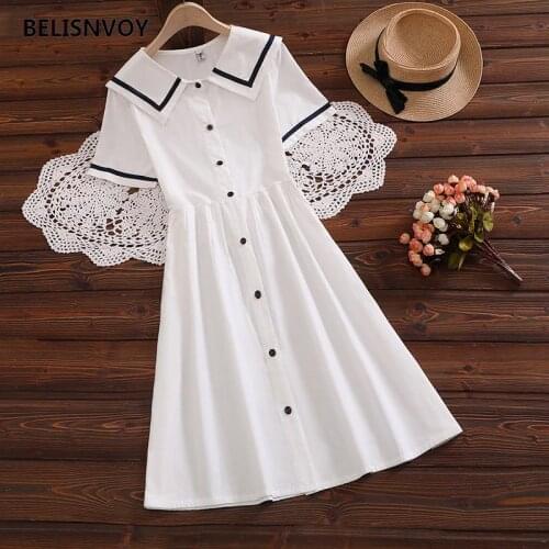 Japanese Preppy Style Kawaii Dresses Summer Women Sailor Collar Short Sleeve Cute Mini Dress Cotton Femininos Vestidos