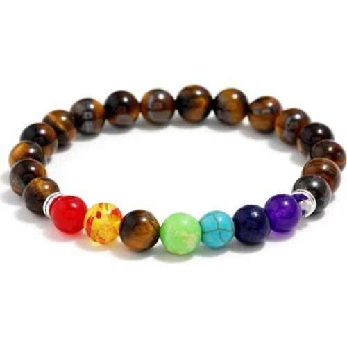 Fashion Natural Healing Energy Tiger Eye Beaded Bracelet Colorful Chakra Yoga Bangle for Men Women Tibetan Buddha Prayer Jewelry