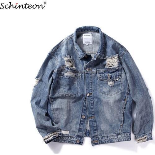 Over size 2018 Men Autumn Denim Jacket Outwear Hole Ripped Streetwear Washed Blue Fashion