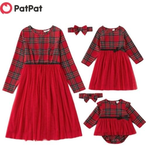 PatPat 2021 New Arrival Mosaic Mommy and Me Plaid Mesh New Year Matching Dresses Family Look Sets Festival Party Dress
