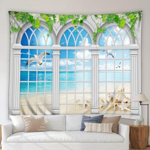 Landscape Tapestry Ocean Dolphin Seagull Waterfall Green Bamboo Forest Plants Flowers Bedroom Living Room Wall Hanging Blanket