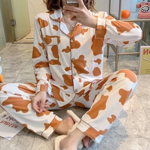 New Sprint Sleepwear Suit Cow Print Cartoon Pajamas Harajuku Japan Homewear Pijama Cardigan V Neck Pyjama Sleep-Tops Long Pant
