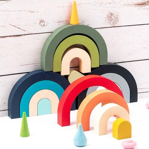Montessori Educational Toys Wooden Rainbow Building Blocks Wood Arch Bridge Semicircular Stacking Blocks Toys For Children