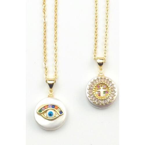 Greek Eye Necklace Women Rainbow Evil Eye Pendant Necklace Gold Filled Freshwater Pearl Cross Necklace Christian olho grego