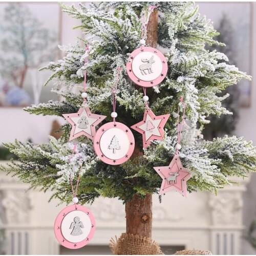 Pink wooden five-pointed star angel elk christmas tree pendants hanging ornament christmas decorations for home navidad