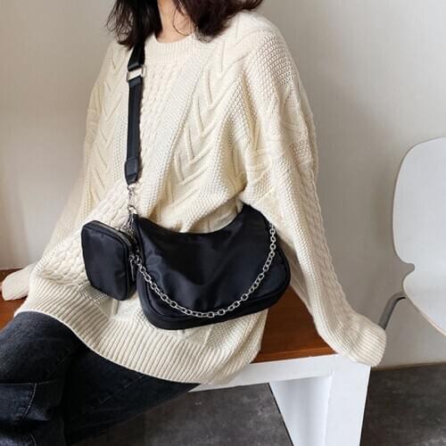 2pcs Set Nylon Shoulder Bag Women Solid Color Handbags Mini Travel Crossbody Tote Waterproof Design Casual Ladies Clutch Purse