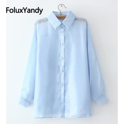 Thin Summer Shirt Women Long Sleeve Blouse Plus Size Transparent Casual Shirt Solid Chemise XXXL 4XL KKFY5527