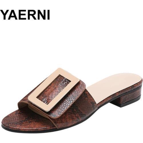 YAERNI Women Buckles Flat shoes ladies slippers Snake printed Peep Toe Slippers Hoof Heels Elegant Shoes Slippers