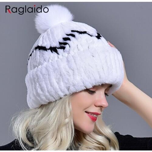 Real Fur Knit Hat Women Winter Warm Rex Rabbit Natural Fur Thick Stylish Girls Pompom Outdoor Fashionable Hats Caps