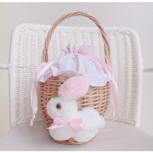 Women Cute Bamboo Woven Ball Bunny Small Basket Drawstring Handbag Lolita COS Kawaii Bags