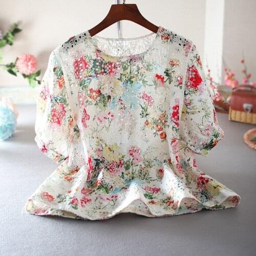 Womens Spring Summer Designer Floral Embroidery Vintage Cotton Shirt Female Square High Waist Casual Loose T Shirt Top TB560