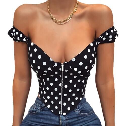 Women Sexy Retro Polka Dots Tops Off Shoulder Cap Sleeve Zipper Front Crop Tees Bandage Tops Daily Wear