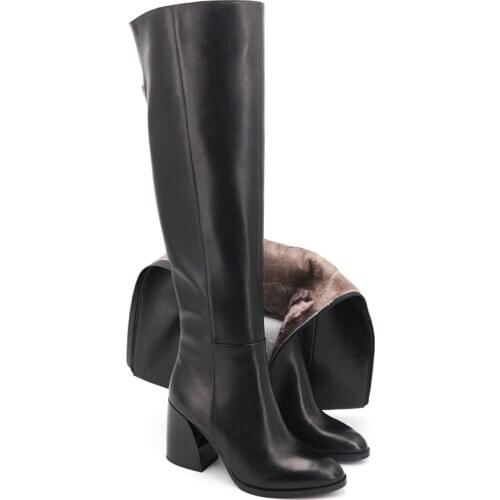 VAIR MUDO Boots Shoes Women Knee-High Heels Genuine Leather Pointed Toe Autumn Winter Short plush and Wool Thick Heel ShoesZT17