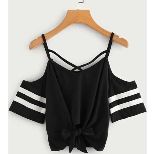 Women Tops Summer Casual Cold Shoulder Short Sleeve V Neck T-shirt Tops Stripe Splicing Short T-Shirt Crop Tops Women Clothing
