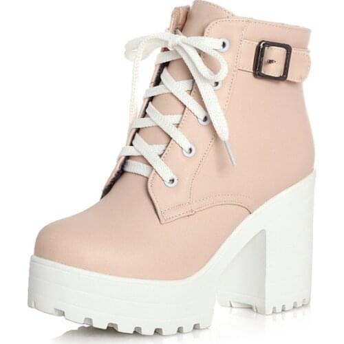 Vintage Buckle Thick Heel Short Boots Square Heel Women Platform Ankle Boots Fashion Pu Lace Up Short Boots Big Size 896