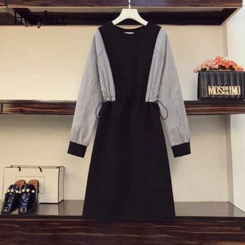 Plus Size Women Elegant Office Shirt Dress Autumn 2021 O Collar Full Sleeve Striped Patchwork Ladies A-Line Dresses Female Dress