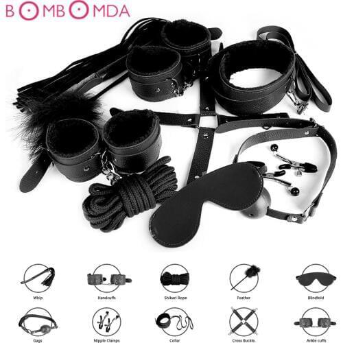 10PCS Set BDSM Bondage Sex Products for Adults Couple Slave Game Handcuffs Nipple Clamps Gag Whip Rope Blindfold Collar Tickler