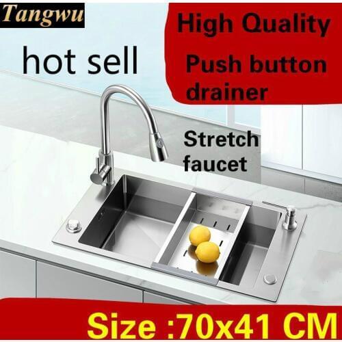 Free shipping Apartment luxury push button drainer kitchen manual sink single trough stretch faucet 304 stainless steel 70x41 CM