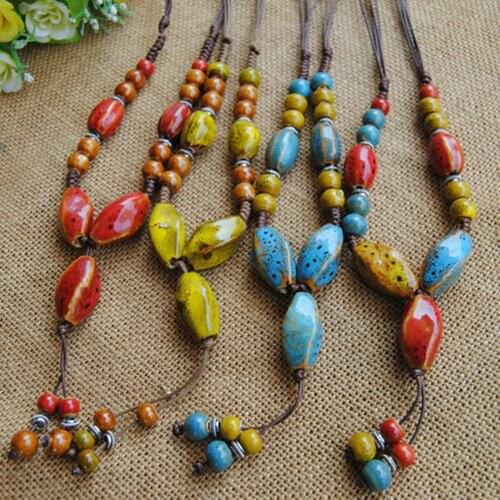 NEW Ethnic style Handmade ceramic Beads pendant sweater chain necklace N369