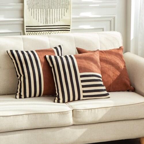 DUNXDECO Cushion Cover Decorative Pillow Case Modern Black Stripe Brown PU Patchwork Simple Comfort Sofa Chair Bedding Coussin
