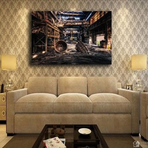 Factory Building Nordic Retro Poster Room Home Decor Construction Site Crane Construction Production Machine Canvas Painting Art