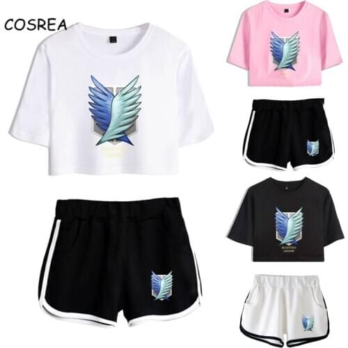 Attack on Titan Cosplay Costume Survey Corps Logo Short Sleeve Shirt Sport Suits Girls Tees Shorts T shirt Running Sets Women