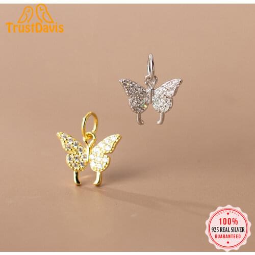 TrustDavis Real 925 Sterling Silver Fashion Sweet Butterfly Zircon Charm Pendant Handmade DIY Accessories Fine Jewelry HY301