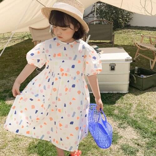 Summer Girls Dress Sweet Style Geometric Pattern Puff Sleeve Princess Dress Baby Kids Clothes ChildrenS Clothing