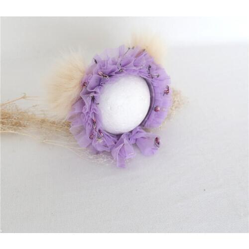 Newborn Lilac Bonnet Pom Pom Baby Girl Hat Props Purple Newborn Teddy Bear Cap Handmade Ruffle Lace Hat for Photography Shoot