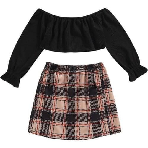 Lioraitiin 10-6T 2Pcs Baby Girls Off-the-Shoulder Black Flare Long Sleeve Tops+Plaid Print Skirt Outfit Sets
