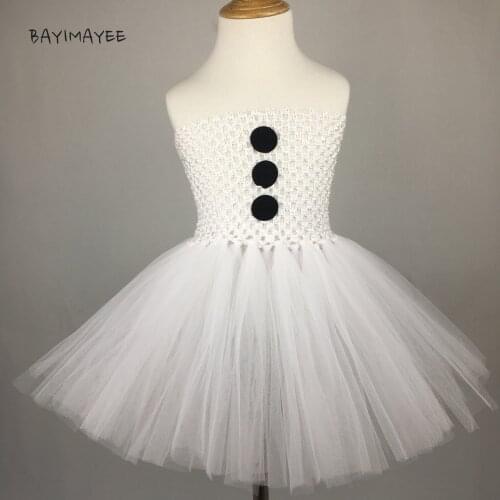 Cute Baby Girls Snowman White Tutu Dress Kids Crochet Tulle Corset Dress with Black Dots Children Christmas Party Costume Dress