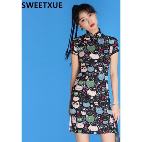 SWEETXUE 2021 Cheongsam Girls Fashion Temperament Art Cartoon Print Black Mini Dress Cheongsam Dress Vestidos Robe Femme