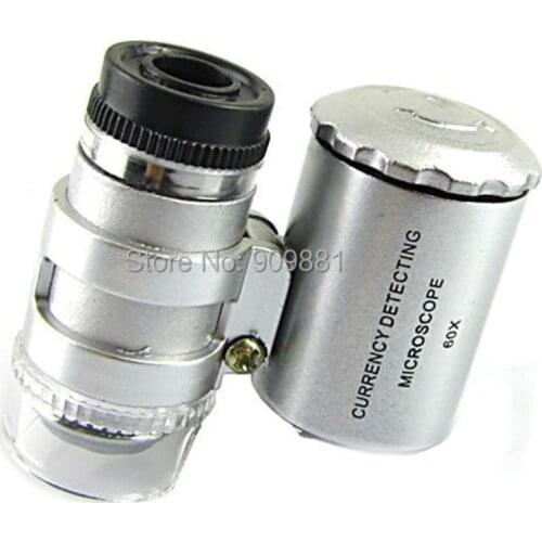 Mini 60X Currency Detecting Microscope 60 Times Loupe LED UV Light Jewelry Magnifier Reading Glass With PU Leather Pouch