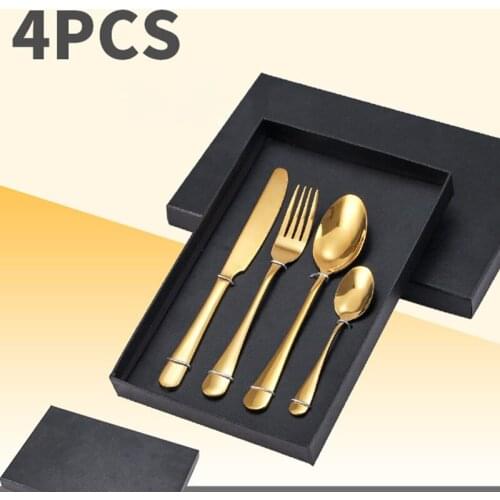 4Pcs Gold Cutlery Set Gift Box Stainless Steel Dinnerware Set Knife Fork Spoon Silverware Tableware Utensils For Kitchen