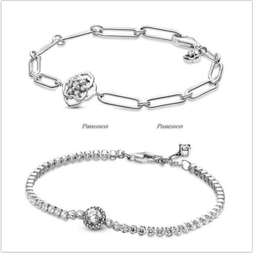 Authentic 925 Sterling Silver Timeless Sparkling Halo Tennis Bracelet Bangle Fit Bead Charm Diy Pandora Jewelry