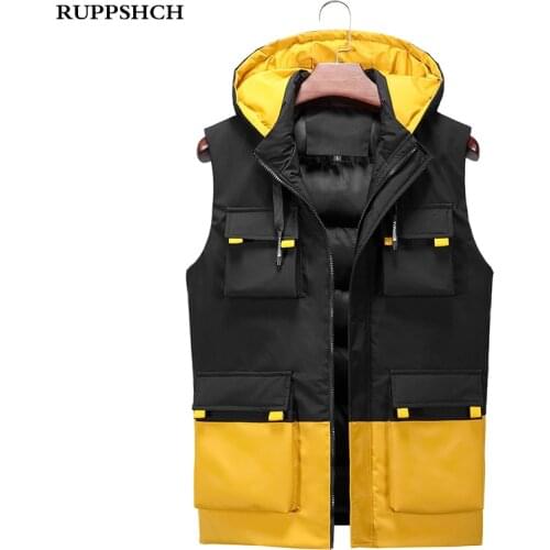 2021 Autumn Winter New Men Hooded Jacket Vest Men Casual Warmth Thick Stitching Color High Quality Plus Size Jacket Vest Men 6XL