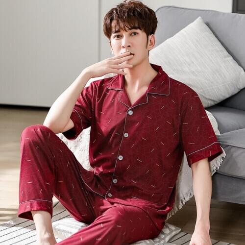 Summer Knitted Cotton Men Pajamas Short Sleeve Turn-down Collar Plus Size Pijamas Short Tops+Long Pants Two Pieces Set Pyjamas