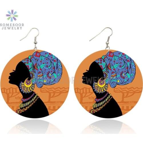 SOMESOOR Afro Headwrap Lady Art Painted Wooden Drop Earrings African Ethnic Colors Bohemian Wood Dangle Jewelry For Woman Gifts