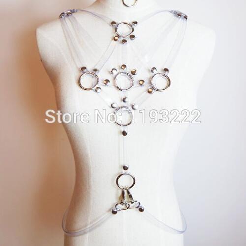 Lolita Sexy O Round Rivet Clear Transparent Vinyl Harness, Body CageD Belt Straps Waist Belt