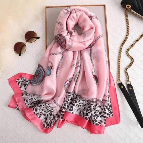 Luxury Silk Hijab Scarf Women Leopard Print Silk Shawls and Wraps Foulard Femme Long Pashmina Brand Head Scarves Oversized