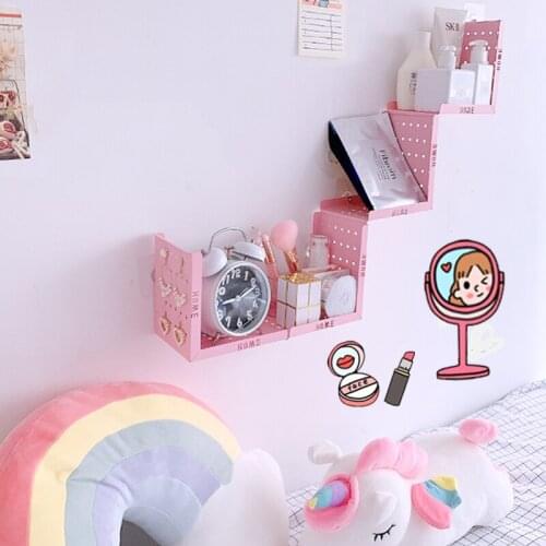 Pink wall shelf free punching girl heart dormitory bedside frame cosmetic wooden girl bedroom desktop storage wall shelf