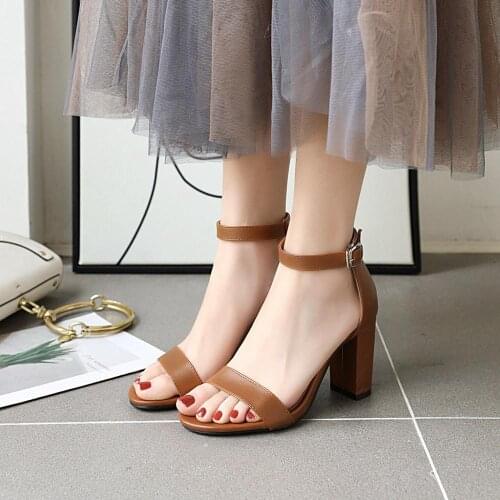 Classic Style PU Leather Sandals for Ladies Womens Square High Heels Ankle Buckled Strap Sandals Woman Female Big Size 46 Shoes