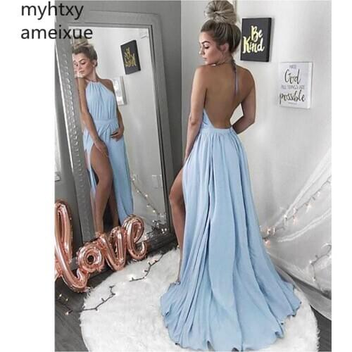 Blue Sexy Cheap Evening Dresses A-line Floor Length Sleeveless Side Split Backless Sweep Train Gowns Custom Made Robe De Soiree