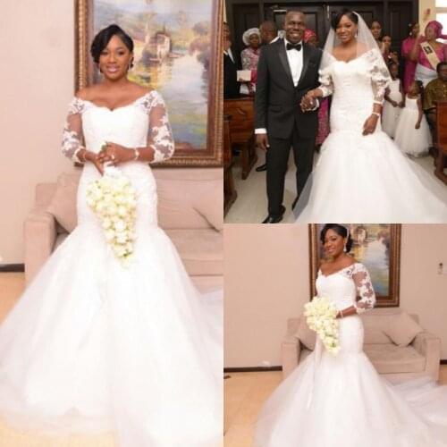 Mermaid 3/4 Long Sleeve Wedding Dresses Lace Court Train African Plus Size Elegant Bridal Gown For Black Women Country