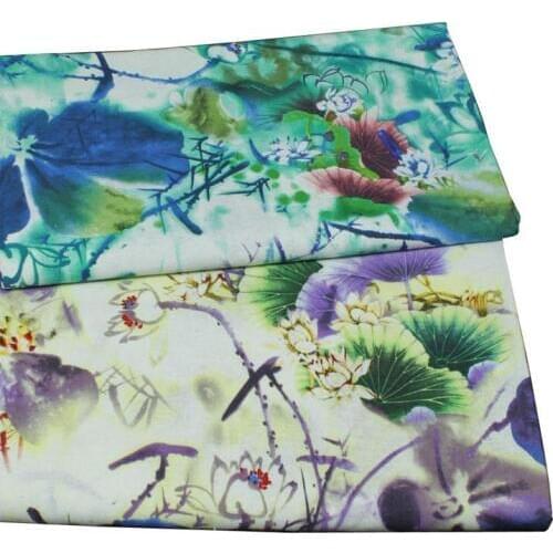 Cotton/linen ethnic GREEN VIOLET lotus leaves fabrics for DIY costume APPAREL dress craft cushion curtain tablecloth decoration